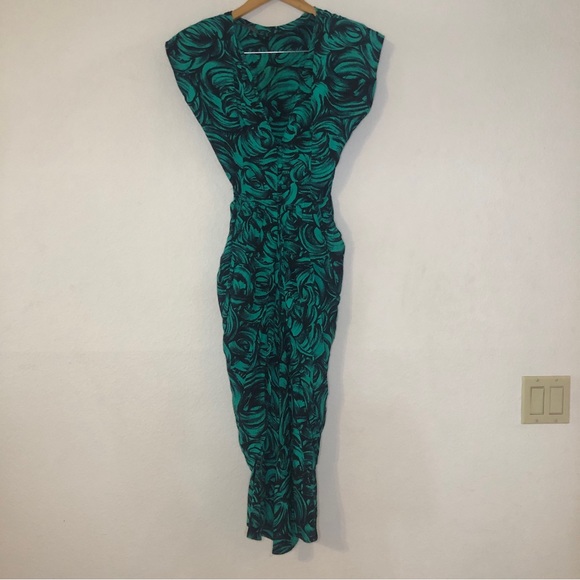 Vintage 80s Sterling Silver Rose Print V-Neck Formal Dress w/ Shoulder Pads - Picture 3 of 16